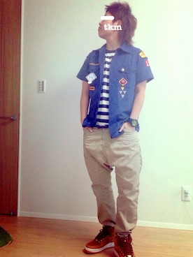 「GU（ジーユー）のアイテム（Tシャツ/カットソー、ホワイト系）」を使った、ｔｋmさん（メンズ・156cm）の夏コーディネート