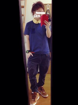 「GU（ジーユー）のアイテム（Tシャツ/カットソー、ブルー系）」を使った、ｔｋmさん（メンズ・156cm）の夏コーディネート
