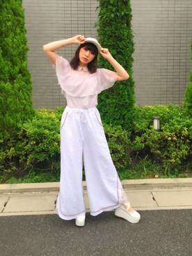 「merry jenny（メリージェニー）のﾁｭｰﾙﾘﾎﾞﾝcap（キャップ、グレー系）」を使った、みぃさん（レディース・157cm）の秋コーディネート