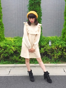 「Ungrid（アングリッド）の【Casual】ｳｰﾙﾍﾞﾚｰ帽										（ハンチング/ベレー帽、イエロー系）」を使った、みぃさん（レディース・157cm）の秋コーディネート