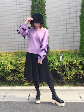 「merry jenny（メリージェニー）のFur HAT（帽子、ブラック系）」を使った、みぃさん（レディース・157cm）の冬コーディネート