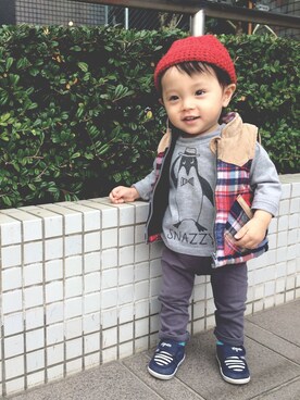 「アイテム（ダウンベスト、その他）」を使った、futoさん（キッズ・80cm）の冬コーディネート