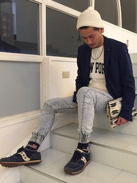 「USA」｜「アイテム（ニットキャップ/ビーニー）」を使った、山本晃大さん（メンズ・175cm）の冬コーディネート