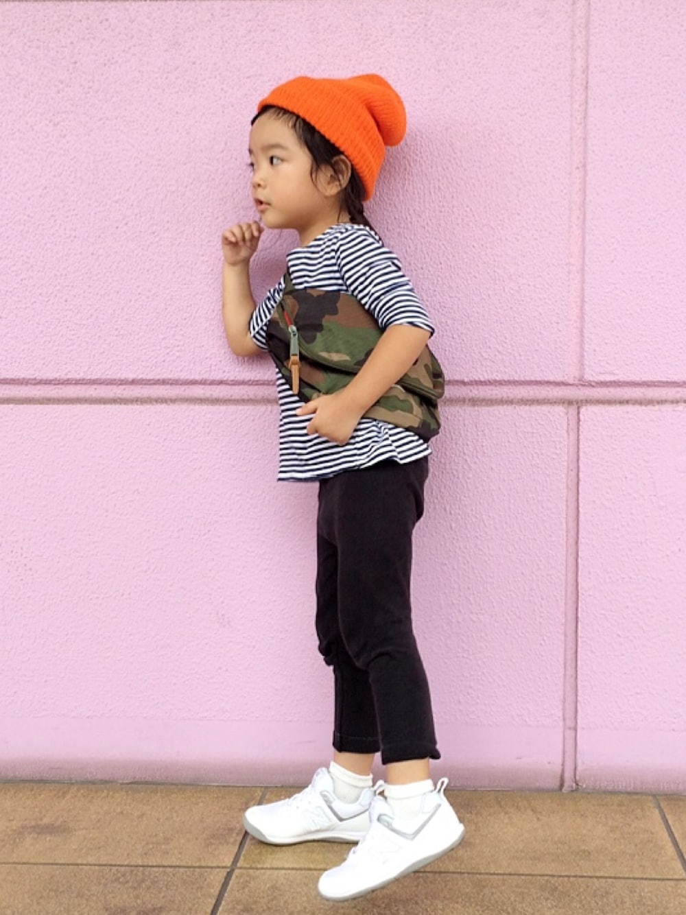 「kids、女の子、ニット帽、オレンジ、4歳」｜「COMECHATTO&CLOSETのARTEX WATCH CAP（ニットキャップ/ビーニー、オレンジ系）」を使った、memeさん（キッズ・100cm）の秋コーディネートの1枚目の写真
