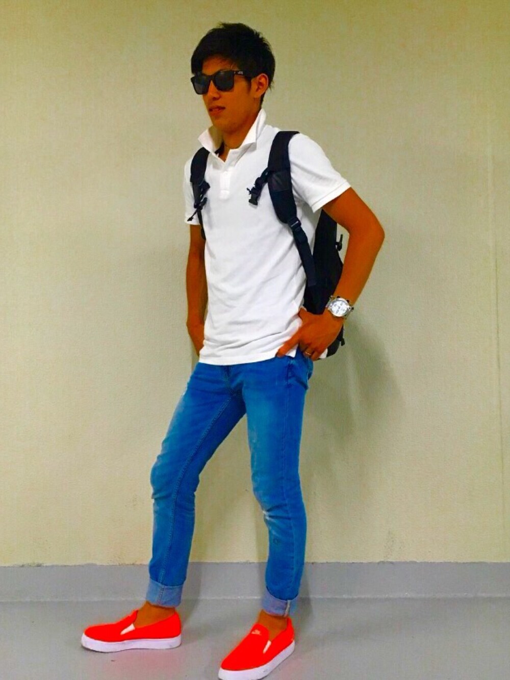 「夏コーデ」｜「American EagleのAEOピケポロ（ポロシャツ、ホワイト系）」を使った、Ｋ.N 。さん（メンズ・172cm）の夏コーディネートの1枚目の写真