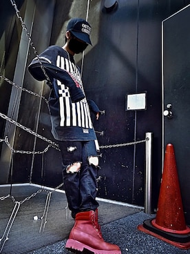 「LAD MUSICIAN（ラッドミュージシャン）のアイテム（キャップ、ブラック系）」を使った、Taigaさん（メンズ）の夏コーディネート