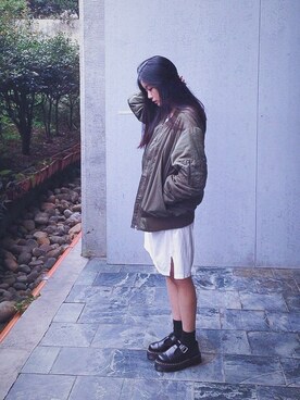 「アイテム（ナイロンジャケット、グリーン系）」を使った、Rさん（レディース・163cm）の冬コーディネート