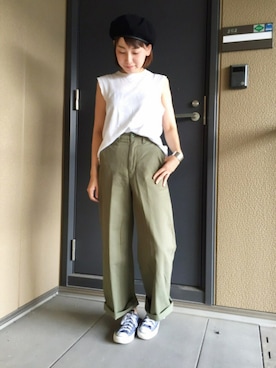 「ウエストイン」｜「アイテム（ハンチング/ベレー帽）」を使った、7co☺︎さん（レディース・157cm）の夏コーディネート