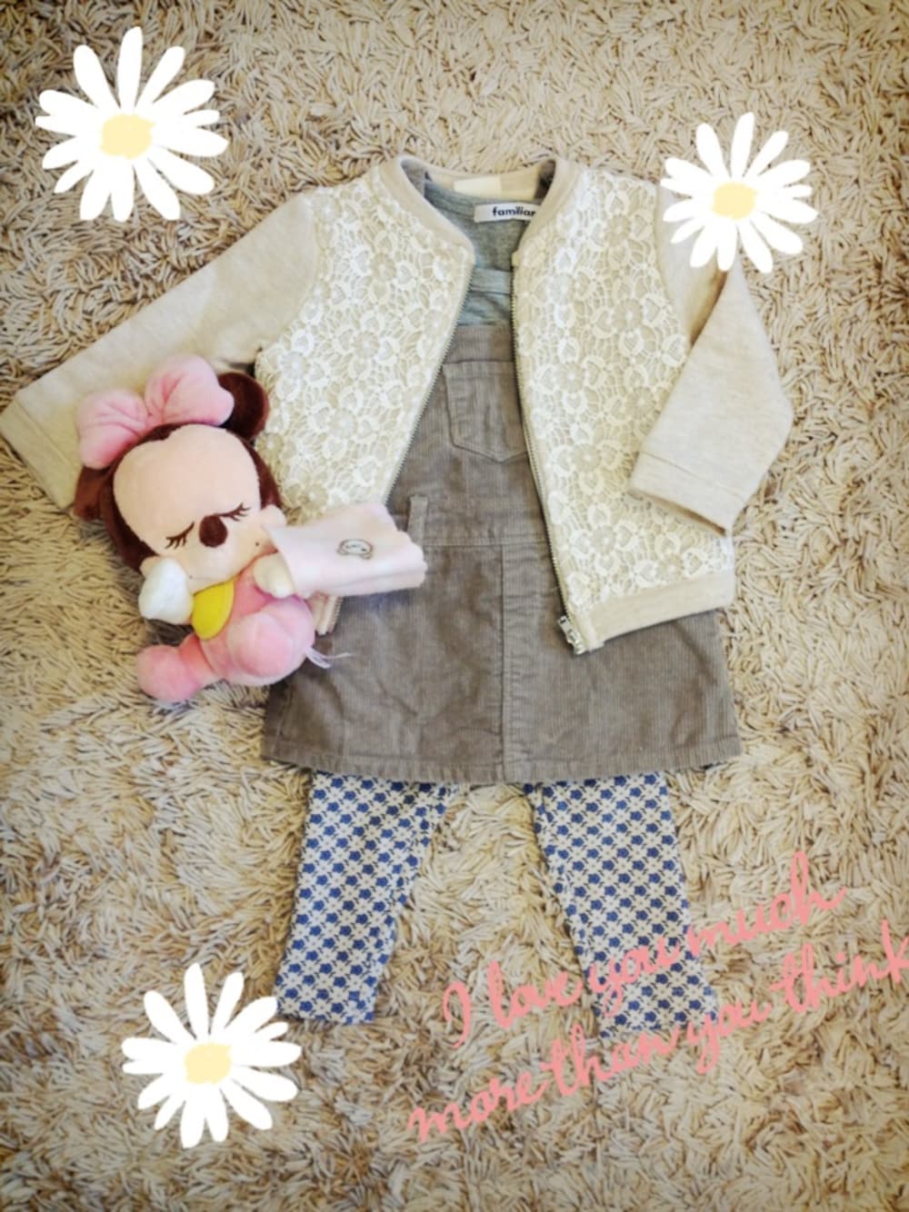「花柄、UNIQLO、ZARA、レース、娘、1歳、zarababy、娘コーデ」｜「ZARAのレースブルゾン（ブルゾン、ベージュ系）」を使った、serimamaさん（キッズ・80cm）の春コーディネートの1枚目の写真