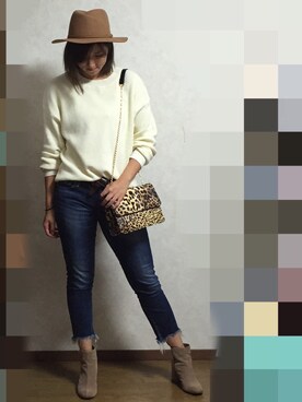 「Ungrid（アングリッド）のインディゴフレイドヘムストスリ（デニムパンツ）」を使った、puchinさん（レディース・165cm）の秋コーディネート