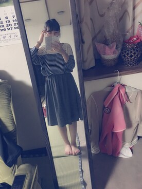 「しまむら（シマムラ）のアイテム（スカート、グレー系）」を使った、みどりさん（レディース）の夏コーディネート