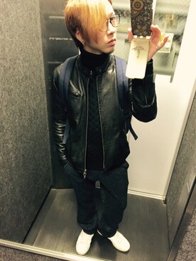 「ケーブルニット」｜「アイテム（ライダースジャケット）」を使った、tbkさん（メンズ・162cm）の冬コーディネート