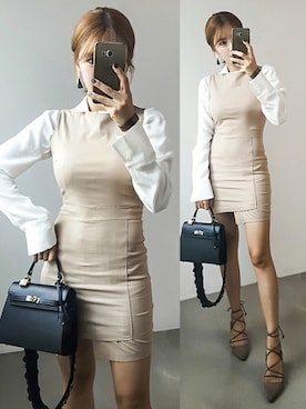 「アイテム（ワンピース/ドレス、ベージュ系）」を使った、INSTYLEFITさん（レディース・163cm）の夏コーディネート