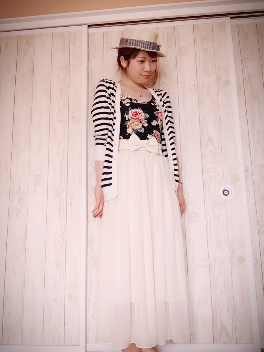 「カンカン帽子、179/WG、FOREVER 21、あつい！！、(o´罒`o)ﾆﾋﾋ♡」｜「179/WGのアイテム（カーディガン/ボレロ、ブルー系）」を使った、チロルさん（レディース・156cm）の夏コーディネートの1枚目の写真