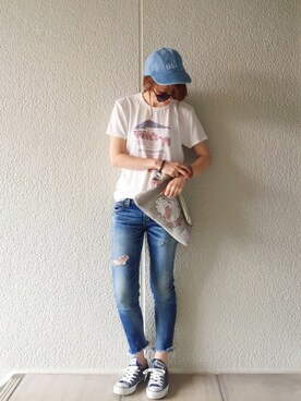 「Ungrid（アングリッド）のフレイドヘムストスリ（デニムパンツ）」を使った、MISATO さん（レディース・161cm）の夏コーディネート