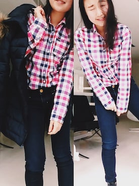 「abercombie and fitchのアイテム（シャツ/ブラウス、ピンク系）」を使った、jenniferdiazchanさん（レディース・160cm）の冬コーディネート