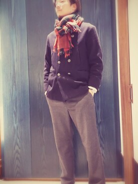 「アイテム（ピーコート）」を使った、93さん（メンズ・183cm・30代）の冬コーディネート
