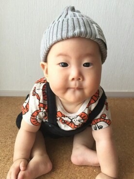 「COMME CA ISM（コムサイズム）のアイテム（サロペット/オーバーオール）」を使った、asahiさん（キッズ・60cm）の春コーディネート