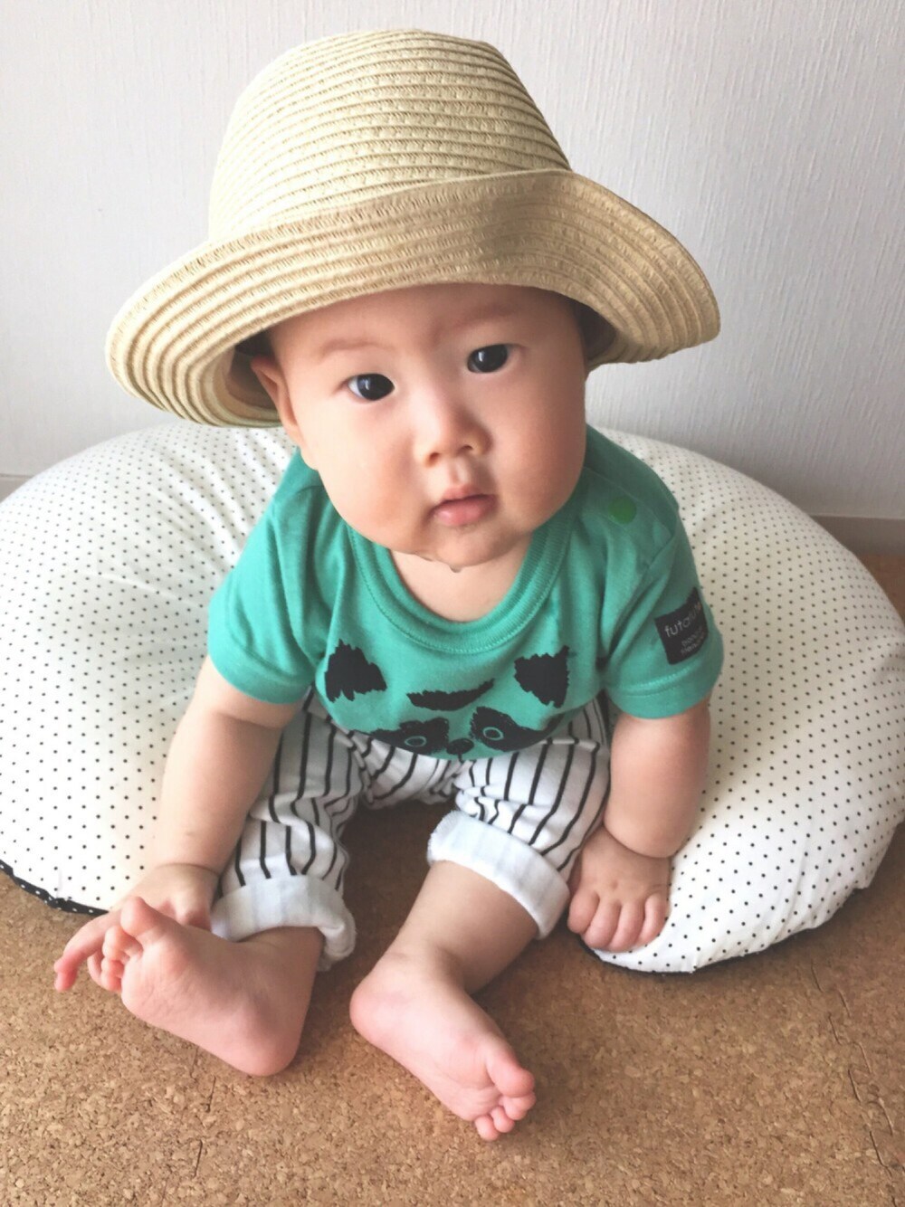 「おとこのこ、男の子、赤ちゃん、7ヶ月、夏、アニマル、ストライプ、ハット」｜「babyGAPのアイテム（ハット、ベージュ系）」を使った、asahiさん（キッズ・60cm）の夏コーディネートの1枚目の写真