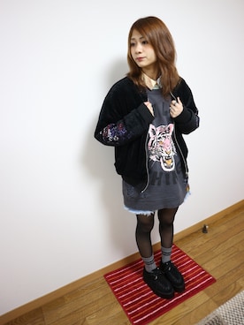 「タイツ×靴下」｜「アイテム（ブルゾン）」を使った、ぽんずさん（レディース・153cm）の秋コーディネート