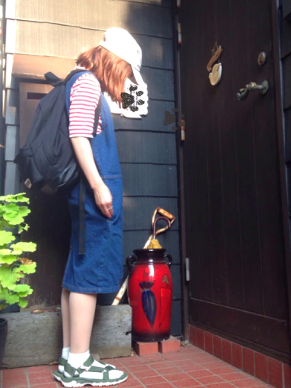 「デニム、ボーダー、キャップ、くつした×サンダル、くつした、サンダル、148cm、150cm」｜「kaorinomoriのアイテム（キャップ、ホワイト系）」を使った、ツバメさん（レディース・148cm）の夏コーディネートの1枚目の写真