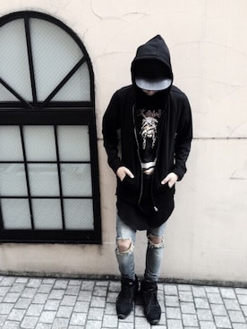「DRKSHDW by RICK OWENS（ダークシャドウ バイ リックオウエンス）のアイテム（帽子）」を使った、tsunekiさん（メンズ・169cm）の秋コーディネート