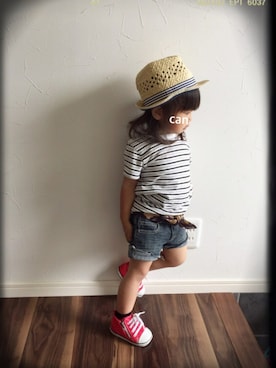「H&M（エイチ・アンド・エム）のアイテム（帽子、ホワイト系）」を使った、きゃんさん（キッズ・90cm）の夏コーディネート