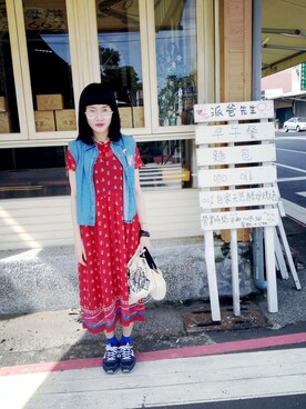 「丹寧」｜「アイテム（ワンピース/ドレス）」を使った、柳育伶さん（レディース・158cm）の夏コーディネート