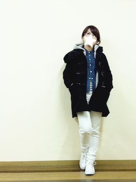 「インディゴデニム」｜「アイテム（ダッフルコート）」を使った、aoiさん（レディース・157cm）の冬コーディネート