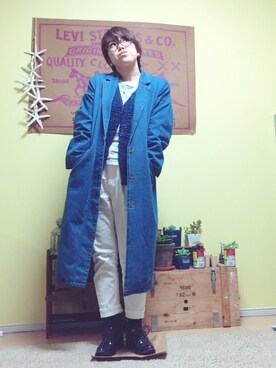 「ブルー x ホワイト」｜「アイテム（デニムジャケット）」を使った、aoiさん（レディース・157cm）の冬コーディネート