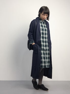 「ネルシャツ」｜「アイテム（ステンカラーコート）」を使った、あこさん（レディース・158cm）の秋コーディネート
