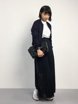 「マキシスカート」｜「アイテム（MA-1）」を使った、あこさん（レディース・158cm）の秋コーディネート
