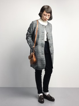 「グレンチェック」｜「アイテム（ピーコート）」を使った、あこさん（レディース・158cm）の冬コーディネート