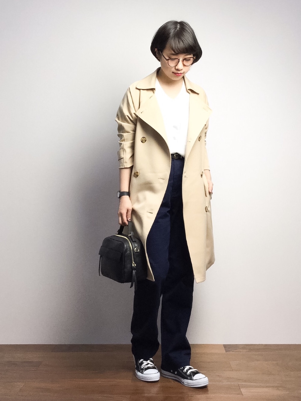 「RAY CASSINのトレンチコート（トレンチコート、ベージュ系）」を使った、あこさん（レディース・158cm）の冬コーディネートの1枚目の写真