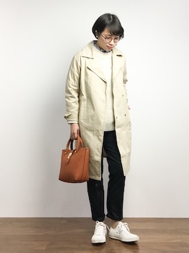 「PUNYUS（プニュズ）のアイテム（ステンカラーコート）」を使った、あこさん（レディース・158cm）の冬コーディネート