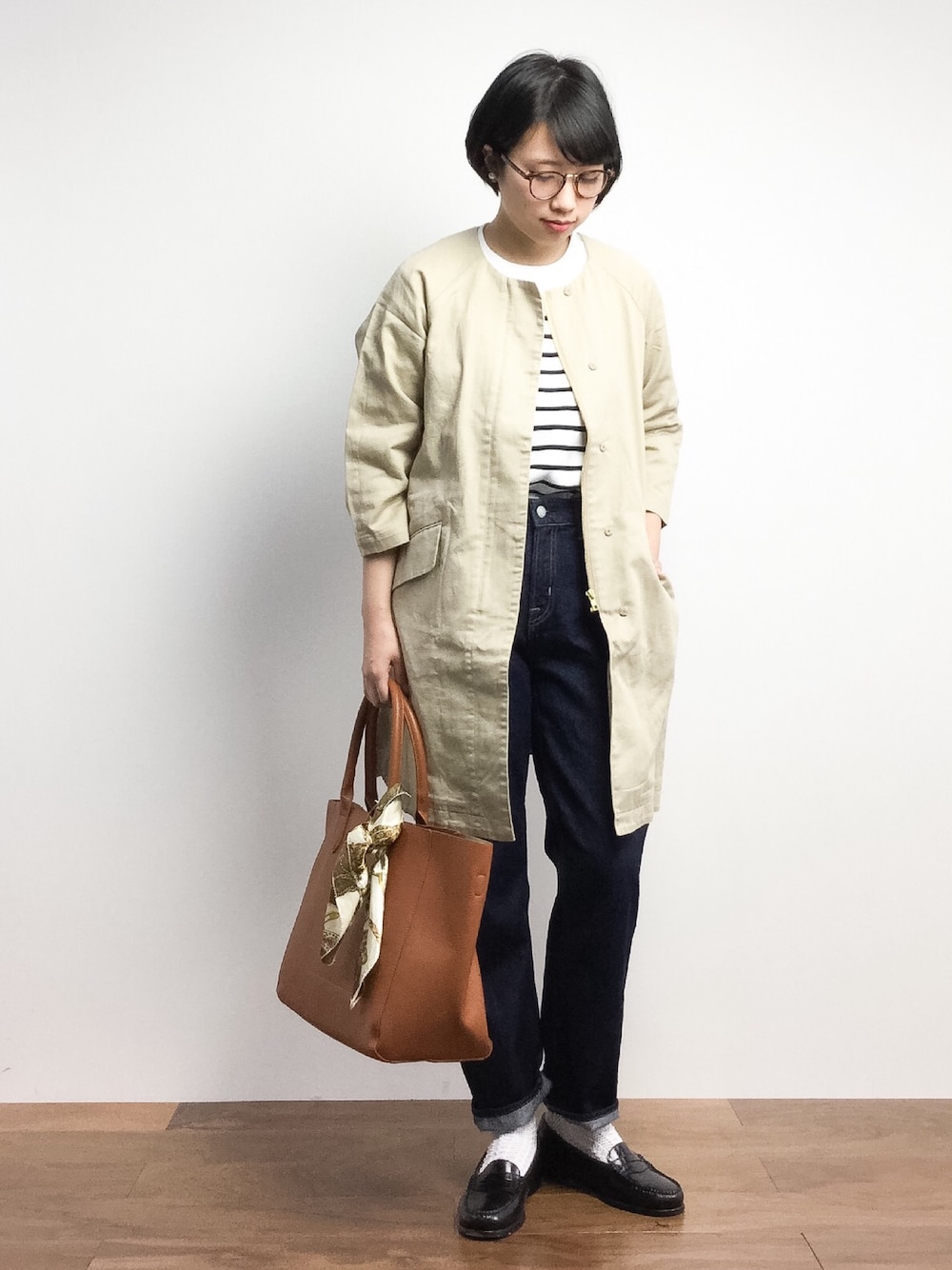 「UNITED ARROWSのUWBT ショルダーボタン ボーダーニット（ニット/セーター、ホワイト系）」を使った、あこさん（レディース・158cm）の春コーディネートの1枚目の写真