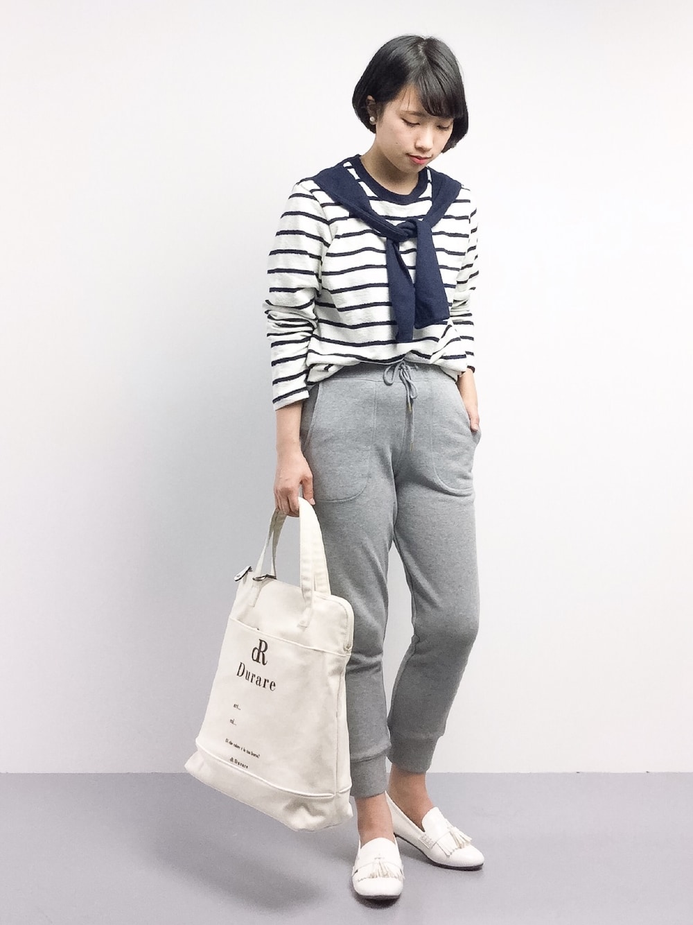 「Sandie anapのボーダーカーデ巻風起毛TO（Tシャツ/カットソー、ブルー系）」を使った、あこさん（レディース・158cm）の春コーディネートの1枚目の写真