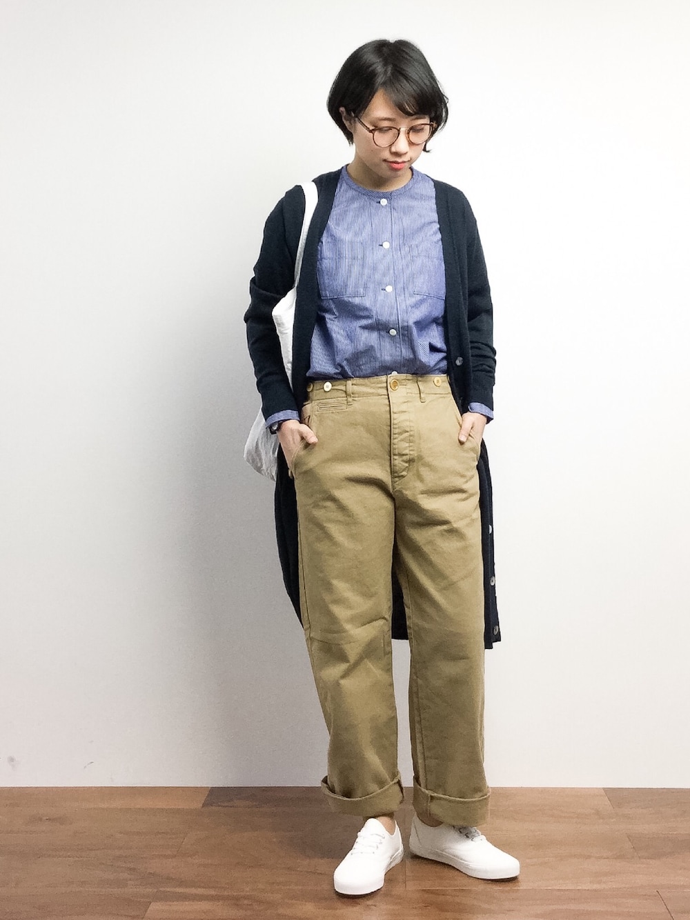 「PAR ICIのセルビッチストライプ　ノーカラーブラウス（シャツ/ブラウス、ブルー系）」を使った、あこさん（レディース・158cm）の春コーディネートの1枚目の写真