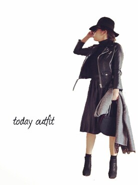 「ヒール×靴下」｜「アイテム（ライダースジャケット）」を使った、a.megumiさん（レディース・160cm）の冬コーディネート