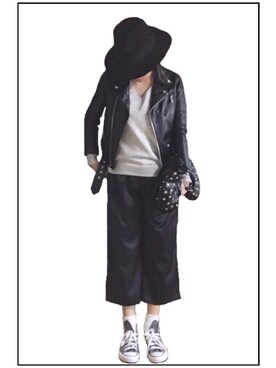 「コンバンース」｜「アイテム（ライダースジャケット）」を使った、a.megumiさん（レディース・160cm）の冬コーディネート