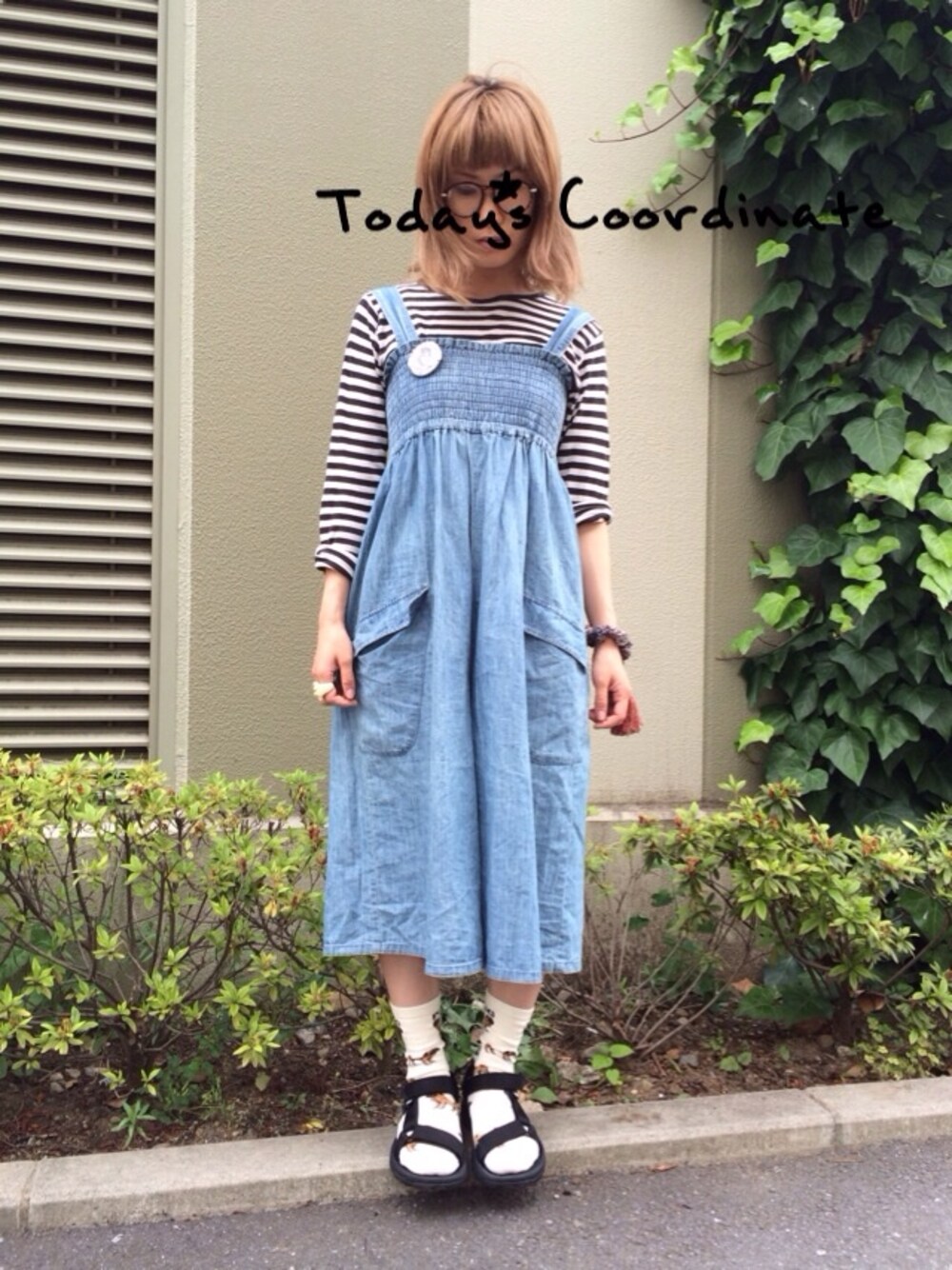「ボーダー、キュロット、ダテメガネ、teva、いぬ♡」｜「Tevaのアイテム（サンダル、ブラック系）」を使った、mikanさん（レディース・155cm）の夏コーディネートの1枚目の写真