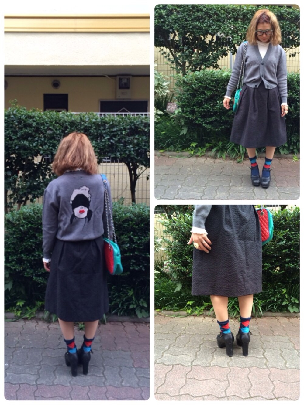 「アーガイル柄、カーディガン、g.v.g.v.、チェーンバッグ、黒スカート」｜「G.V.G.V.の''EYE '' JACQUARD KNIT CARDIGAN（カーディガン/ボレロ、グレー系）」を使った、mikanさん（レディース・155cm）の秋コーディネートの1枚目の写真