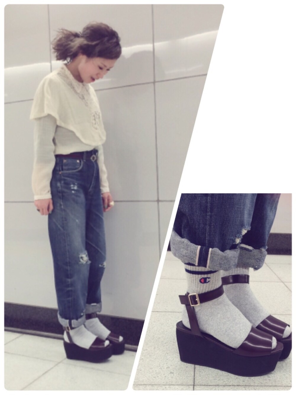 「ホワイトソックス、ダメージデニムパンツ、レースシャツ、Champion」｜「USEDのレースシャツ（シャツ/ブラウス、ベージュ系）」を使った、mikanさん（レディース・155cm）の春コーディネートの1枚目の写真