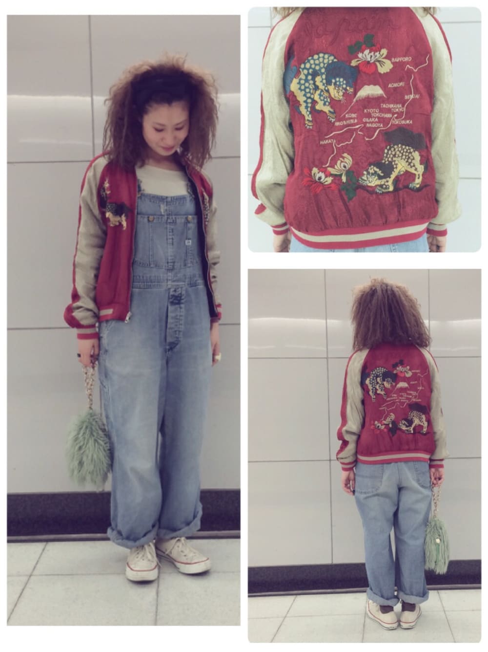 「スカジャン、オーバーオール、converse、LEE」｜「CONVERSEのコンバース  USED（スニーカー、ホワイト系）」を使った、mikanさん（レディース・155cm）の春コーディネートの1枚目の写真