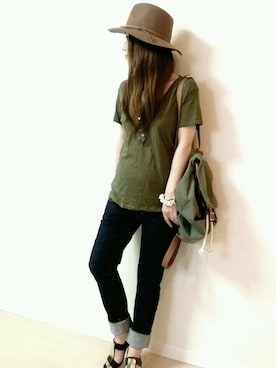 「GLOBAL WORK（グローバルワーク）のフェルトナカオレＨＡＴ/565115（ハット）」を使った、Yuuさん（レディース・152cm）の夏コーディネート