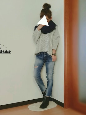 「Ungrid（アングリッド）のフレイドヘムストスリ（デニムパンツ）」を使った、m♡ao*さん（レディース・152cm）の冬コーディネート