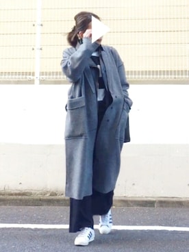 「ガウンコート」｜「アイテム（ライダースジャケット）」を使った、mueさん（レディース・158cm）の冬コーディネート