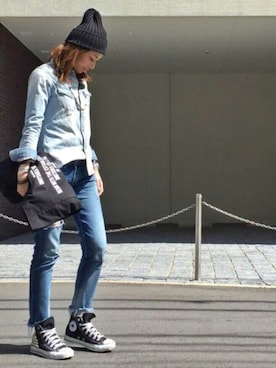 「Onitsuka Tiger × ANDREA POMPILIO（オニツカタイガーアンドレアポンピリオ）のアイテム（バッグ）」を使った、mueさん（レディース・158cm）の春コーディネート