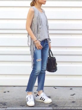 「Ungrid（アングリッド）のフレイドヘムストスリ（デニムパンツ）」を使った、mueさん（レディース・158cm）の夏コーディネート