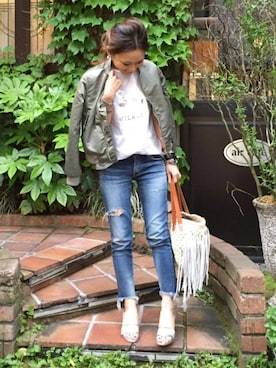 「フリンジバッグ」｜「アイテム（ブルゾン）」を使った、mueさん（レディース・158cm）の春コーディネート